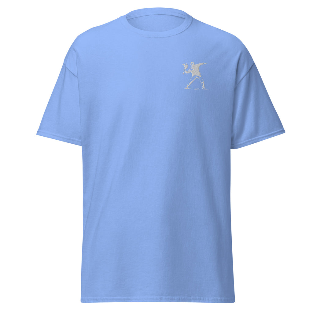 Embroidered White Flower Thrower T shirt - Carolina Blue