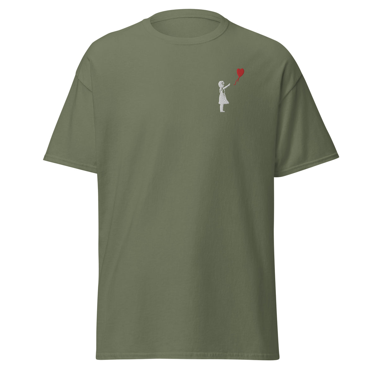 Embroidered White Balloon girl T shirt - Military Green