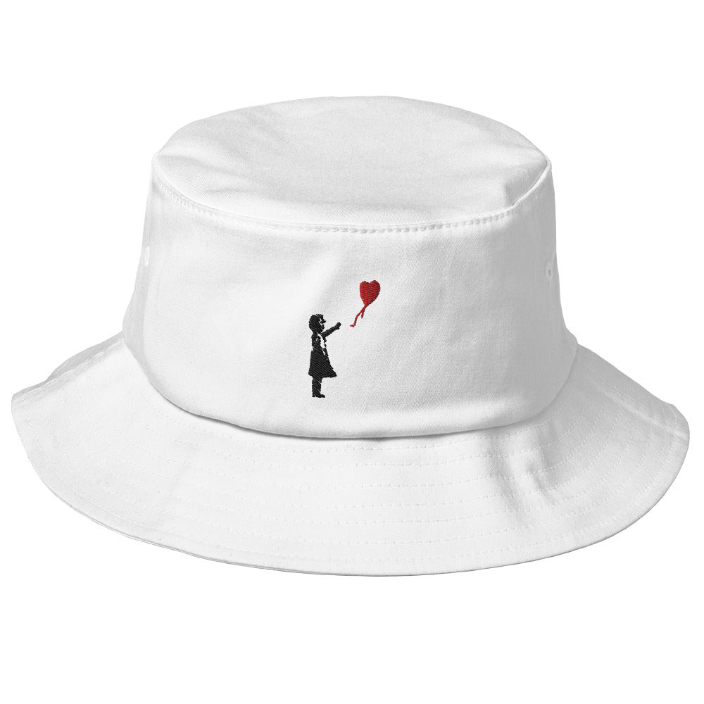 Embroidered Balloon girl Bucket Hat - White
