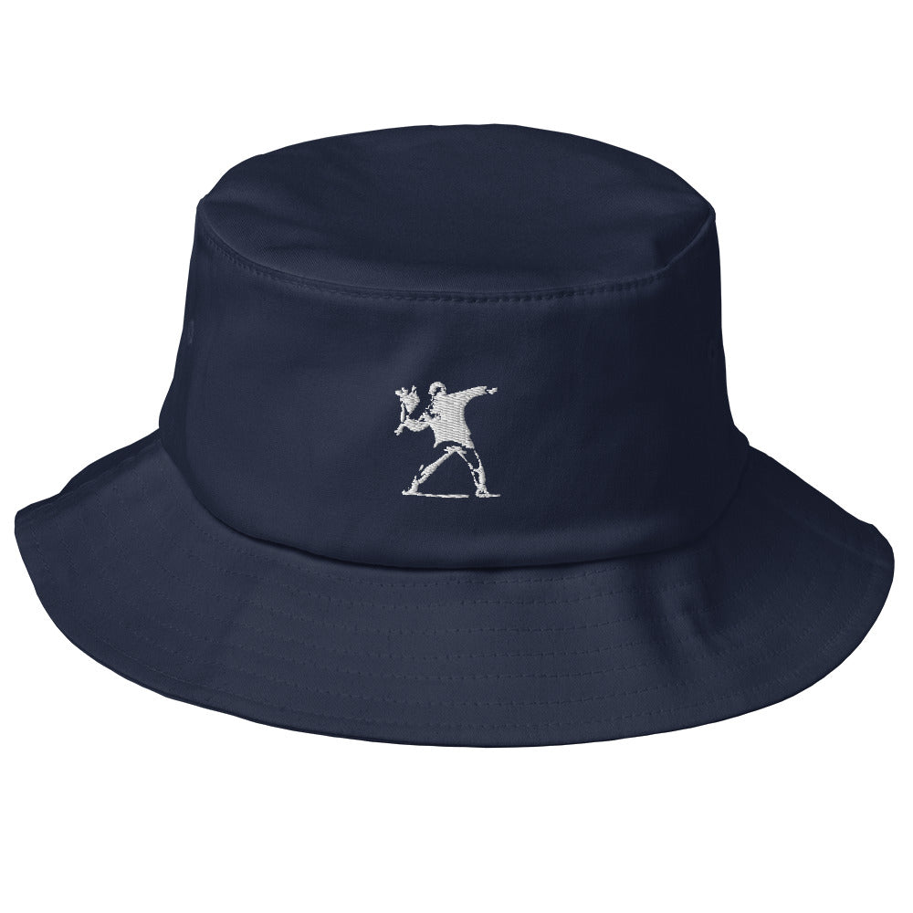 Embroidered White Flower Thrower Bucket Hat - Navy