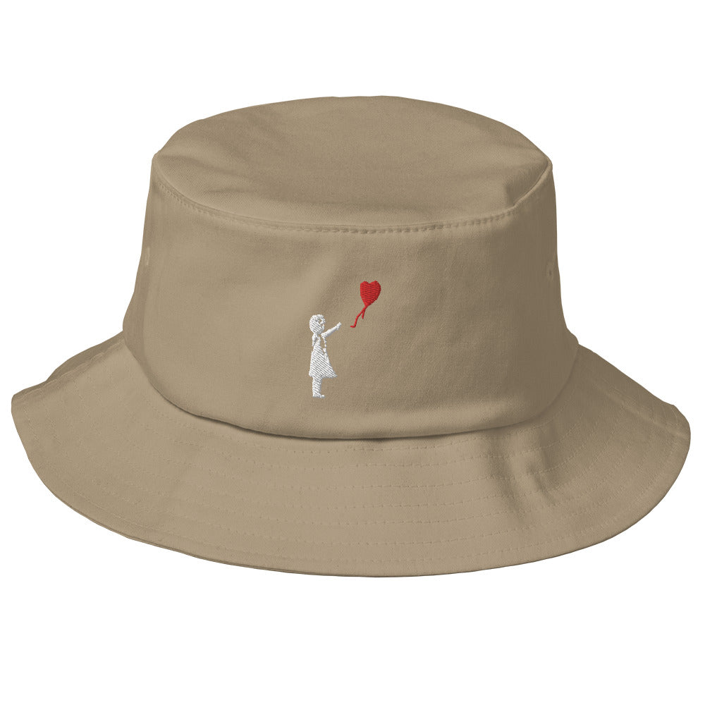 Embroidered White Balloon girl Bucket Hat - Khaki