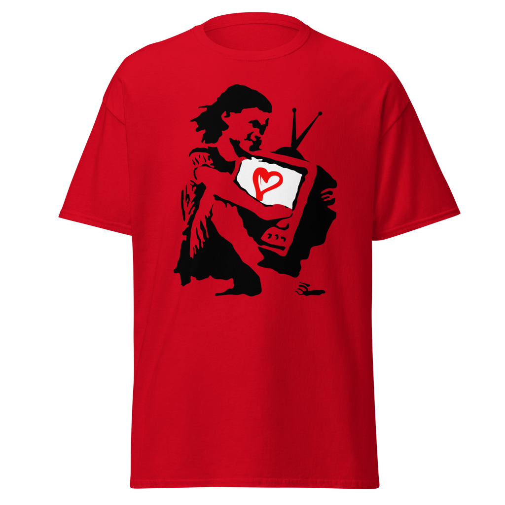 Banksy T Shirt Girl Hugging TV - Red