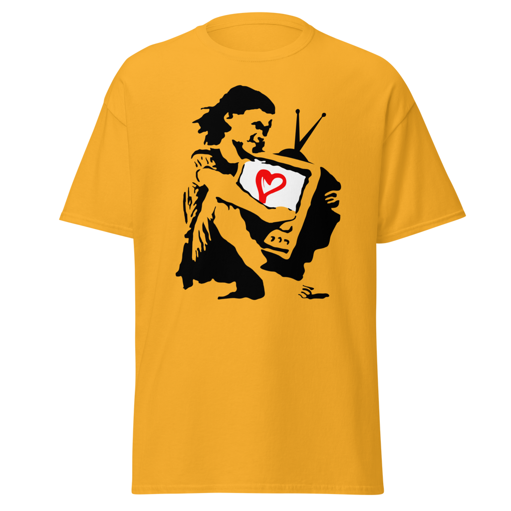 Banksy T Shirt Girl Hugging TV - Yellow